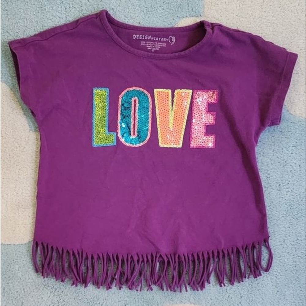 EUC Fringe Purple Short Sleeve Love T Shirt Sequin 4T Girls Toddler